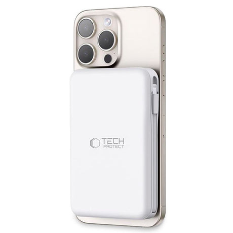 Tech-Protect LifeMag PowerBank 10.000mAh m. Integreret USB-C- og Lightning Kabel & USB-A- og USB-C Stik - MagSafe Kompatibel - Hvid