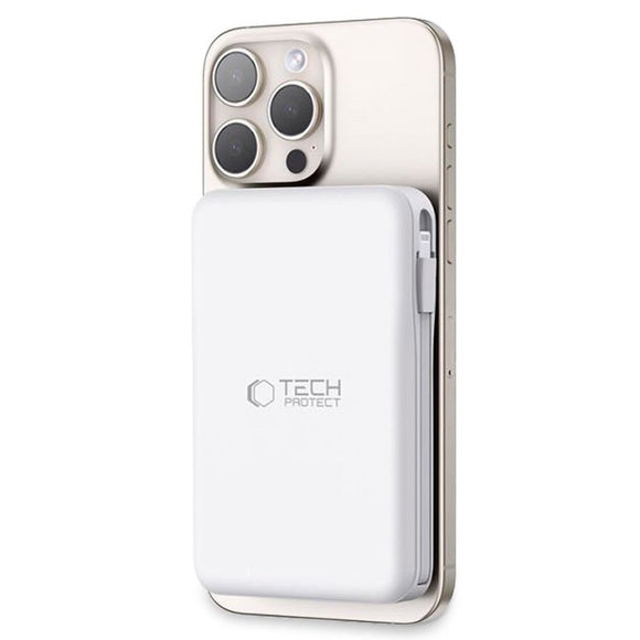 Tech-Protect LifeMag PowerBank 10.000mAh m. Integreret USB-C- og Lightning Kabel & USB-A- og USB-C Stik - MagSafe Kompatibel - Hvid