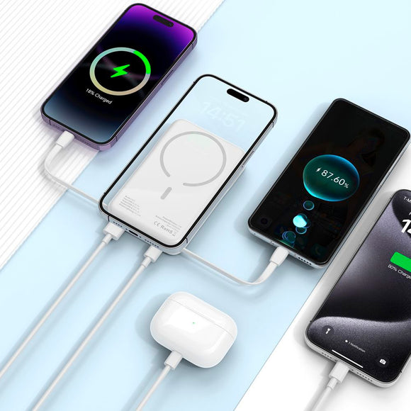 Tech-Protect LifeMag PowerBank 10.000mAh m. Integreret USB-C- og Lightning Kabel & USB-A- og USB-C Stik - MagSafe Kompatibel - Hvid