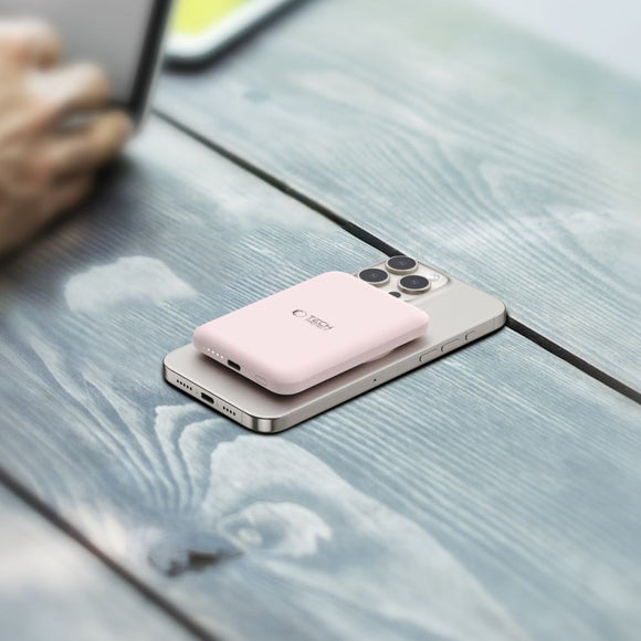 Tech-Protect LifeMag Trådløs & Magnetisk Powerbank 5000 mAh - MagSafe Kompatibel - Lyserød