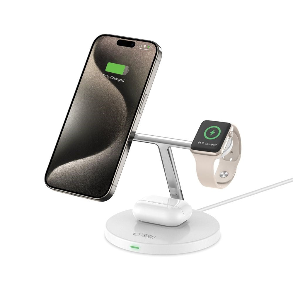 Tech-Protect A35 3-in-1 Trådløs Oplader 15W - MagSafe Kompatibel - Hvid