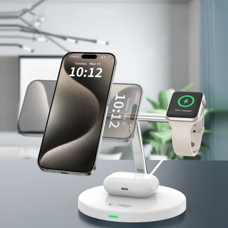 Tech-Protect A35 3-in-1 Trådløs Oplader 15W - MagSafe Kompatibel - Hvid