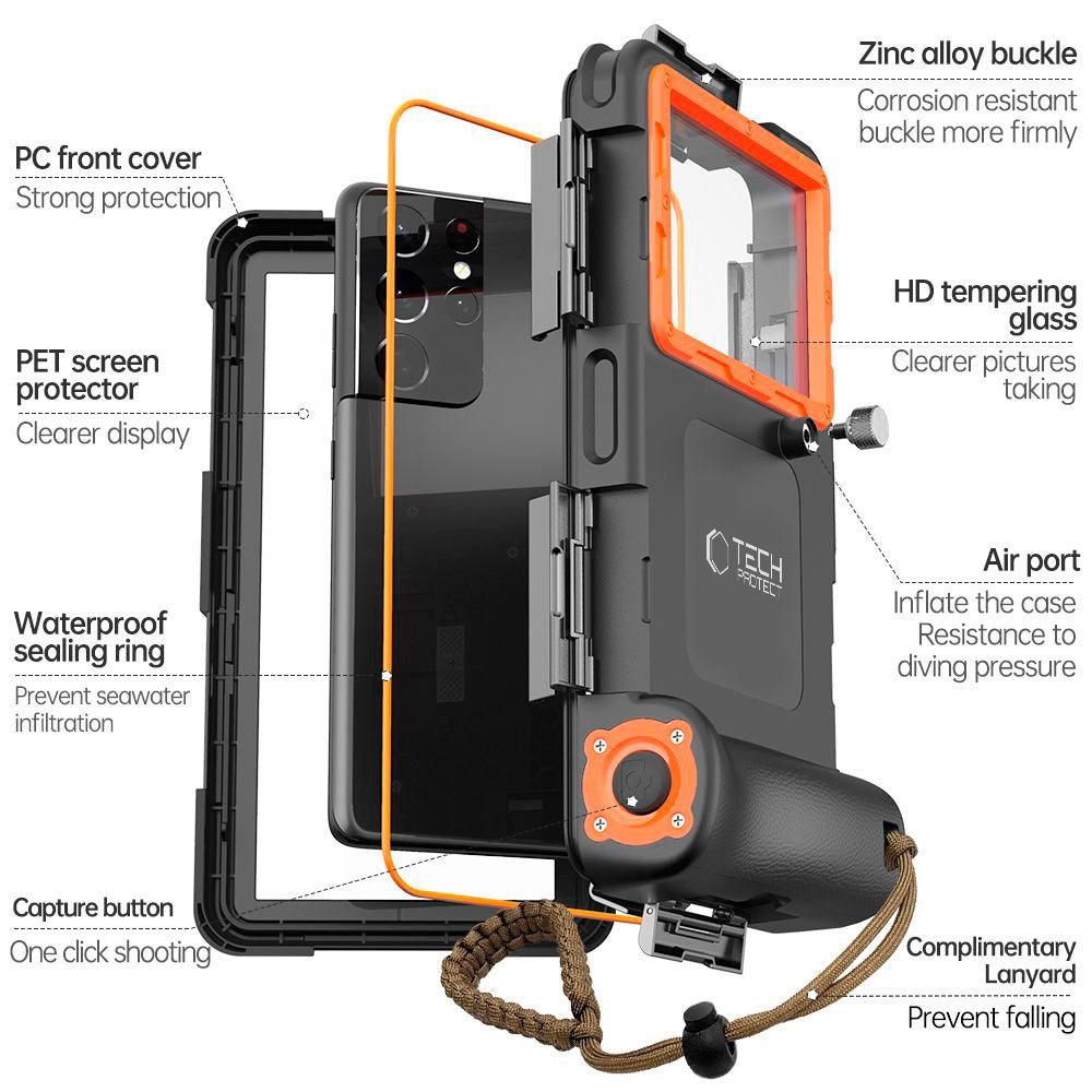 Tech-Protect IPX8 Universal Vandtæt Cover - Maks Størrelse 165 x 75 mm - Sort / Orange
