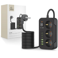 Tech-Protect Multifunktionel Strømskinne m. 3 x Udtag / 3 x USB-A / 3 x USB-C - 2m - Sort