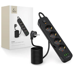 Tech-Protect Multifunktionel Strømskinne m. 4 x Udtag / 2 x USB-A / 1 x USB-C - 2m - Sort