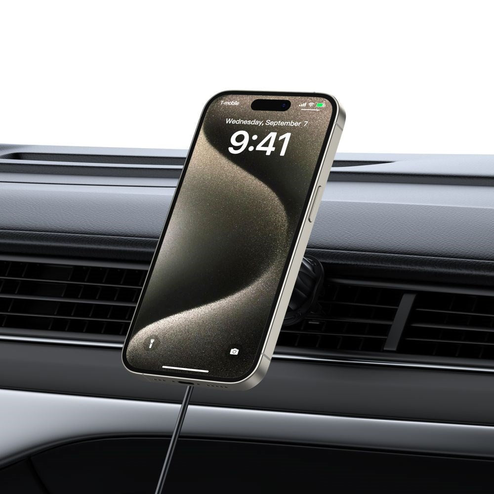 Tech-Protect Magnetisk Mobilholder til Bil m. Trådløs Opladning og USB-A til USB-C Kabel - MagSafe Kompatibel - Sort