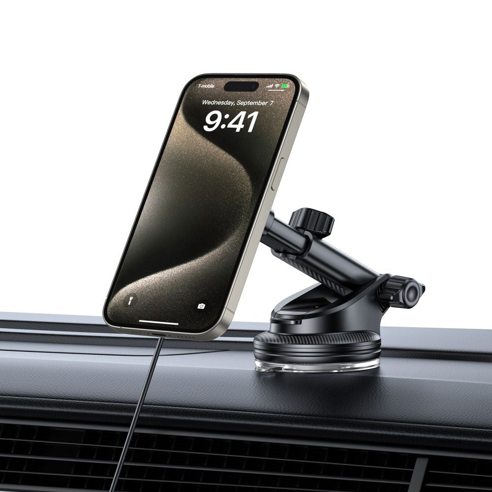 Tech-Protect Magnetisk Mobilholder til Bil m. Trådløs Opladning og USB-A til USB-C Kabel - MagSafe Kompatibel - Sort