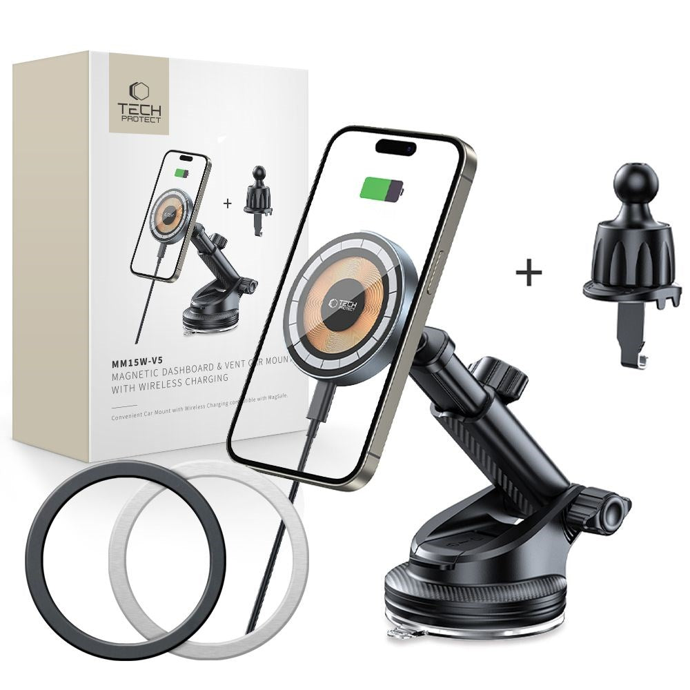 Tech-Protect Magnetisk Mobilholder til Bil m. Trådløs Opladning og USB-A til USB-C Kabel - MagSafe Kompatibel - Sort