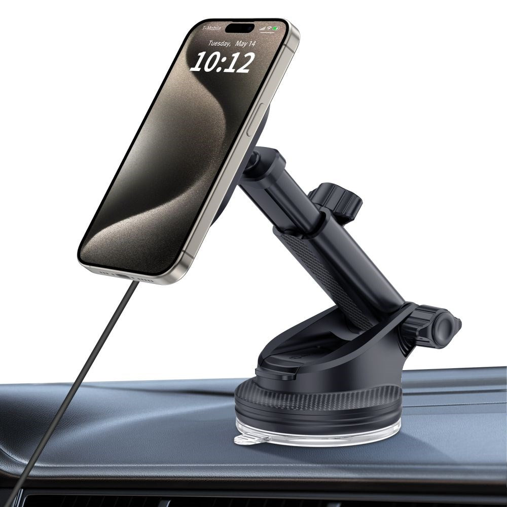 Tech-Protect Magnetisk Mobilholder til Bil m. Trådløs Opladning og USB-C til USB-C Kabel - MagSafe Kompatibel - Sort