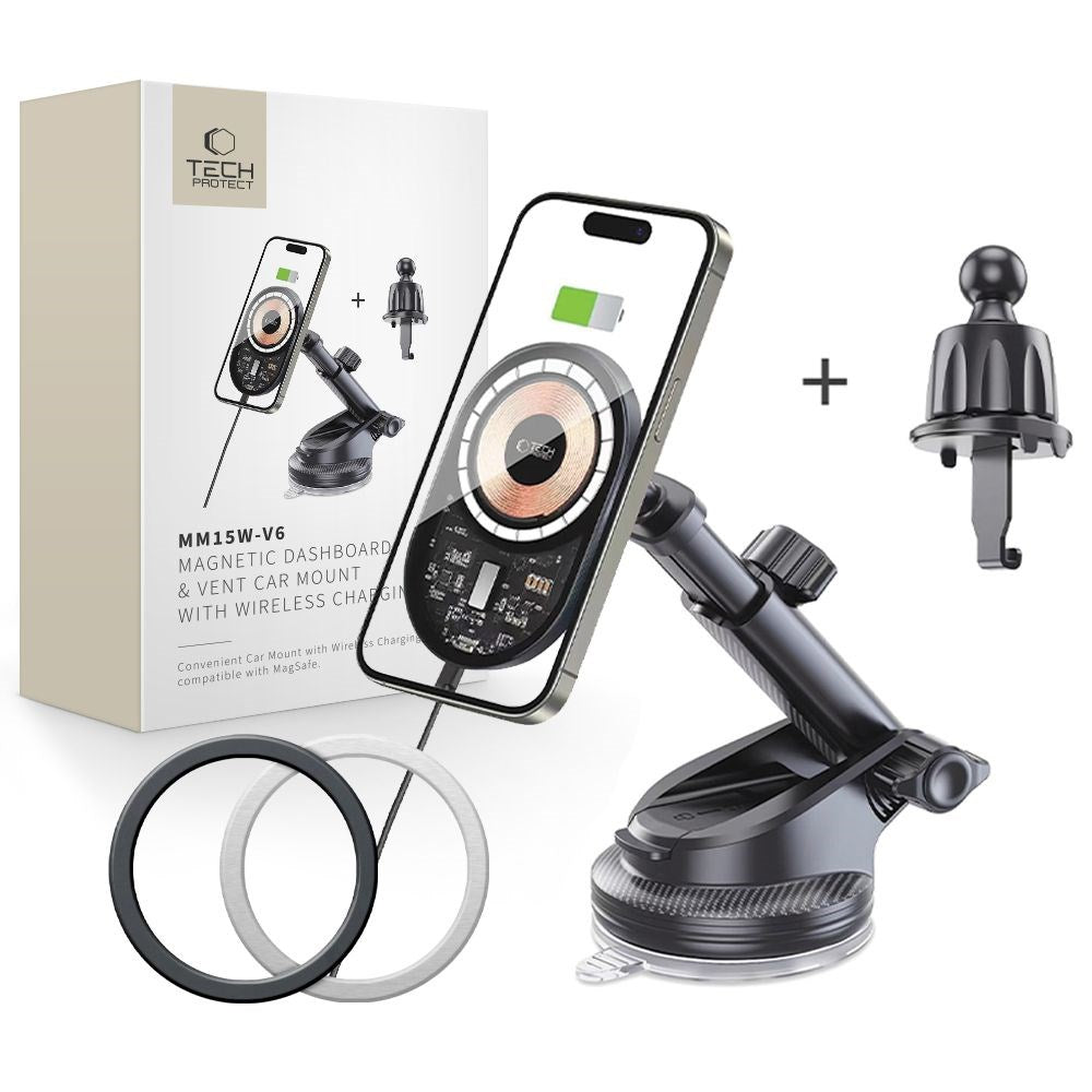 Tech-Protect Magnetisk Mobilholder til Bil m. Trådløs Opladning og USB-C til USB-C Kabel - MagSafe Kompatibel - Sort