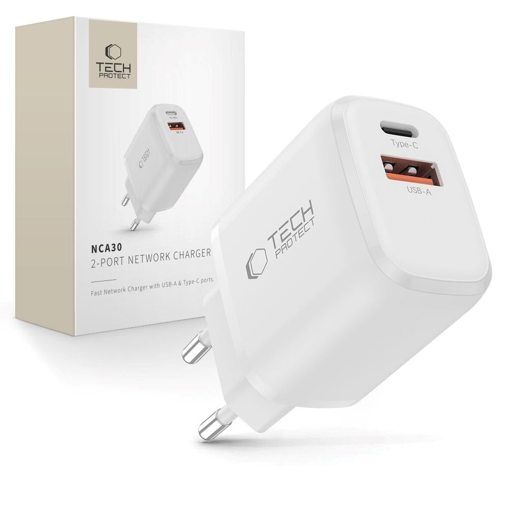 Tech-Protect NCA30 Vægoplader m. 30W - 1 x USB-A & 1 x USB-C - Hvid