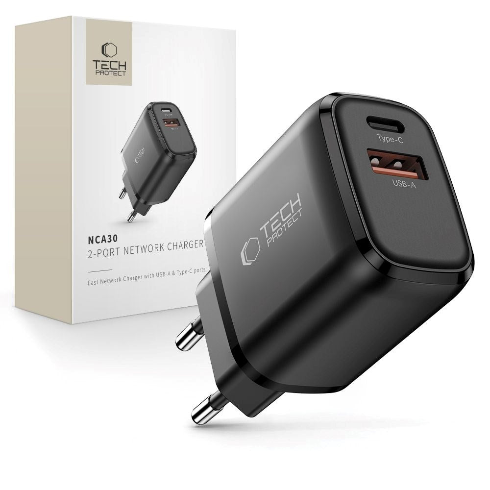 Tech-Protect NCA30 Vægoplader m. 30W - 1 x USB-A & 1 x USB-C - Sort