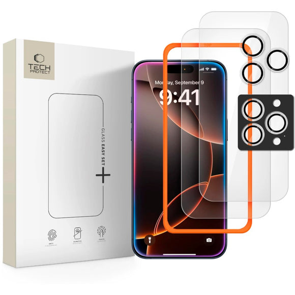 iPhone 17 Pro / 16 Pro Tech-Protect Easy Set+ Beskyttelsessæt m. Skærmbeskyttelsesglas & Kameralinsebeskyttelsesglas - Gennemsigtig