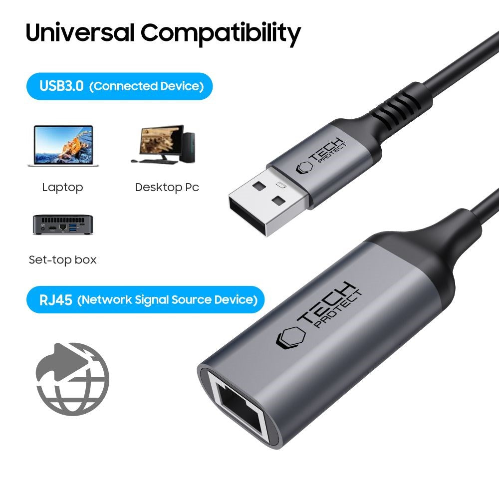 USB-A til Ethernet RJ45 Adapter Tech-Protect UltraBoost - 1000Mbps - Sort