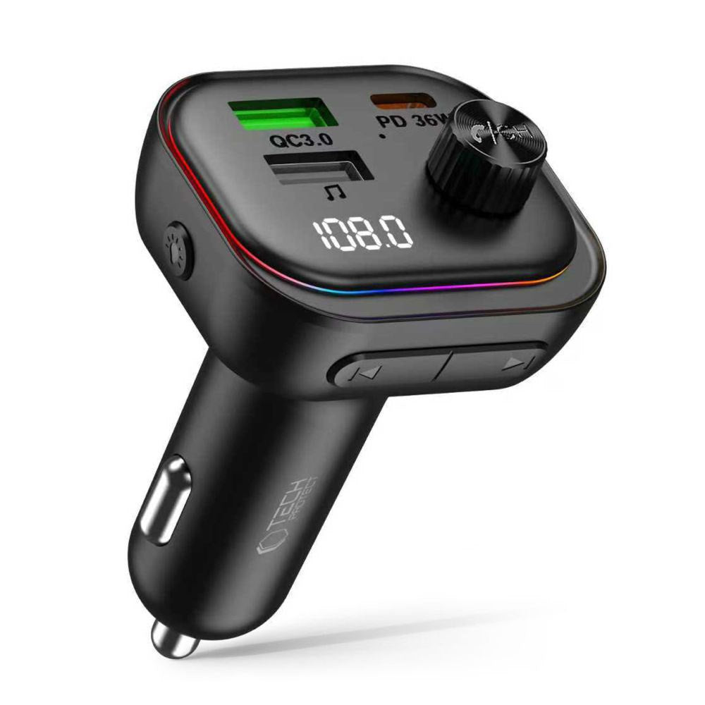 Tech-Protect Biloplader m. USB-A & USB-C / FM Bluetooth Transmitter - Sort