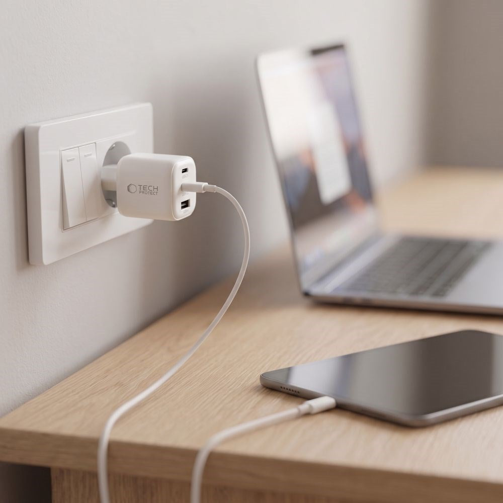 Tech-Protect 100W Vægoplader - 1 x USB-A - 2 x USB-C - Hvid
