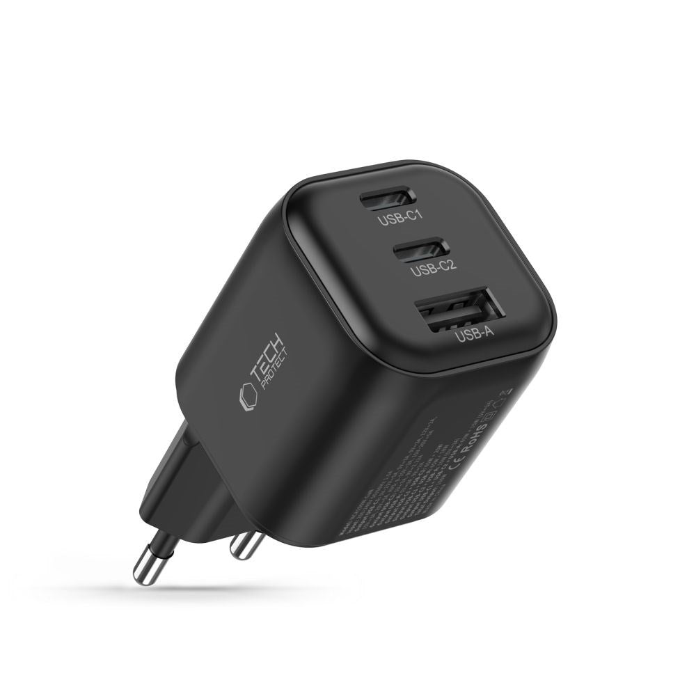 Tech-Protect 100W Vægoplader - 1 x USB-A - 2 x USB-C - Sort