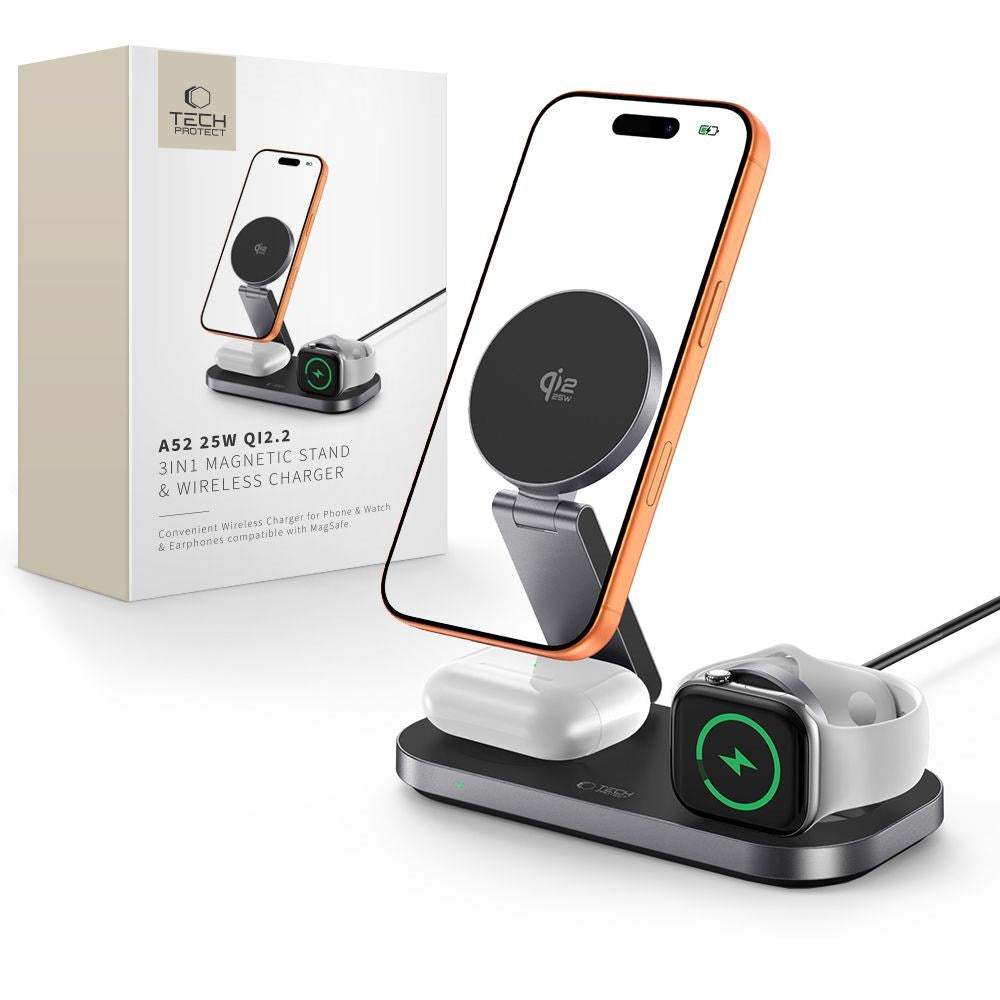 Tech-Protect A52 3-in-1 25W Trådløs Oplader til Smartphone + Smartwatch + Høretelefoner - MagSafe / Qi2 Kompatibel - Mørkegrå