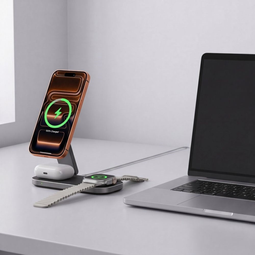 Tech-Protect A52 3-in-1 25W Trådløs Oplader til Smartphone + Smartwatch + Høretelefoner - MagSafe / Qi2 Kompatibel - Mørkegrå