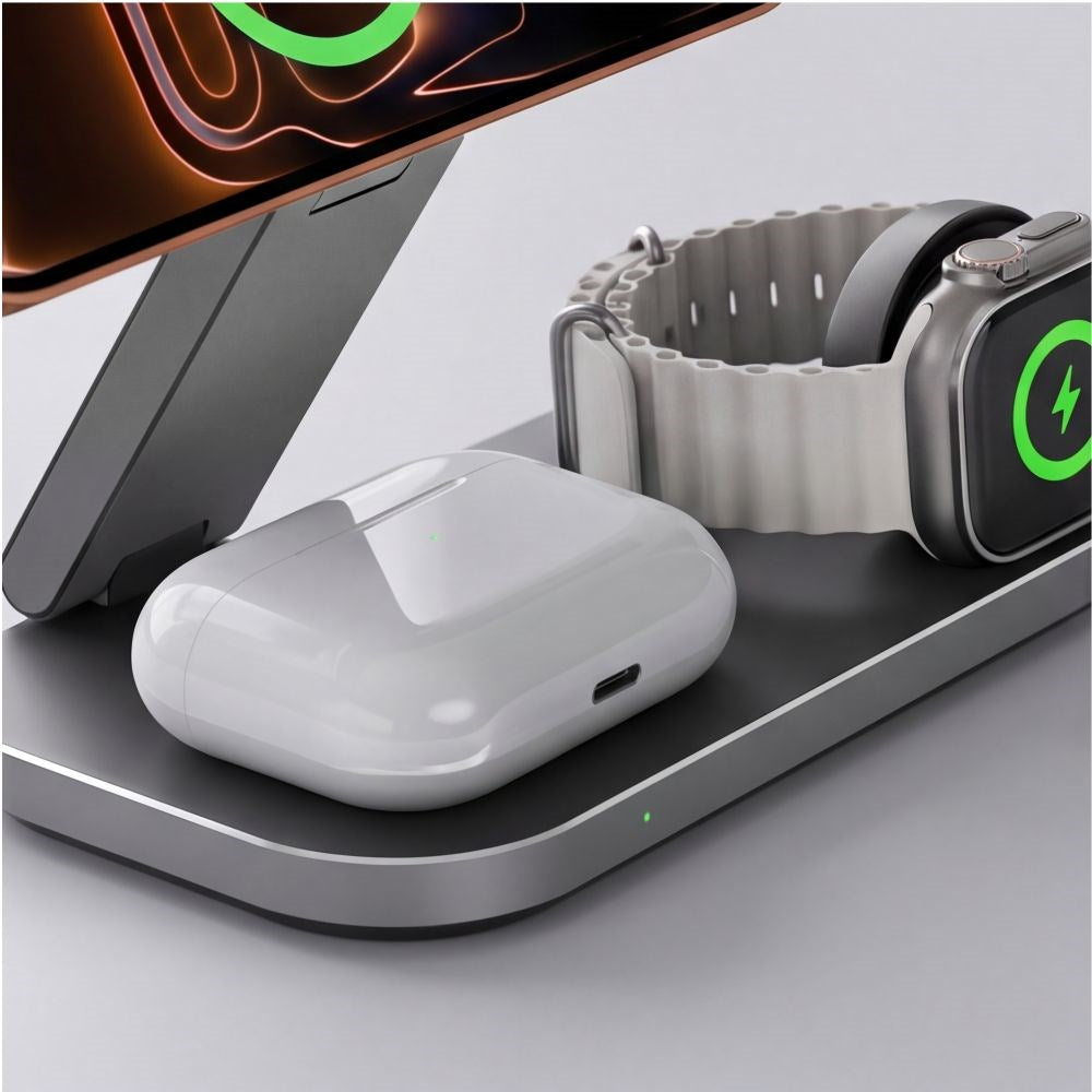 Tech-Protect A52 3-in-1 25W Trådløs Oplader til Smartphone + Smartwatch + Høretelefoner - MagSafe / Qi2 Kompatibel - Mørkegrå