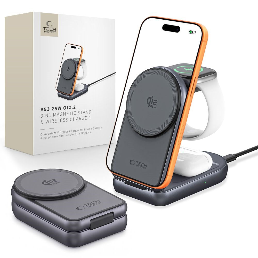 Tech-Protect A53 3-in-1 25W Trådløs Oplader: Smartphone & Smartwatch & Høretelefoner - MagSafe / Qi2 Kompatibel - Mørkegrå