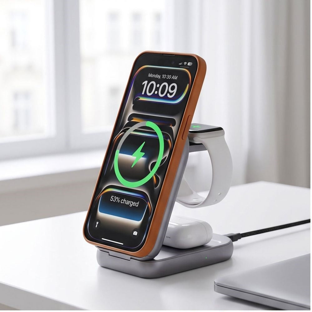 Tech-Protect A53 3-in-1 25W Trådløs Oplader: Smartphone & Smartwatch & Høretelefoner - MagSafe / Qi2 Kompatibel - Mørkegrå
