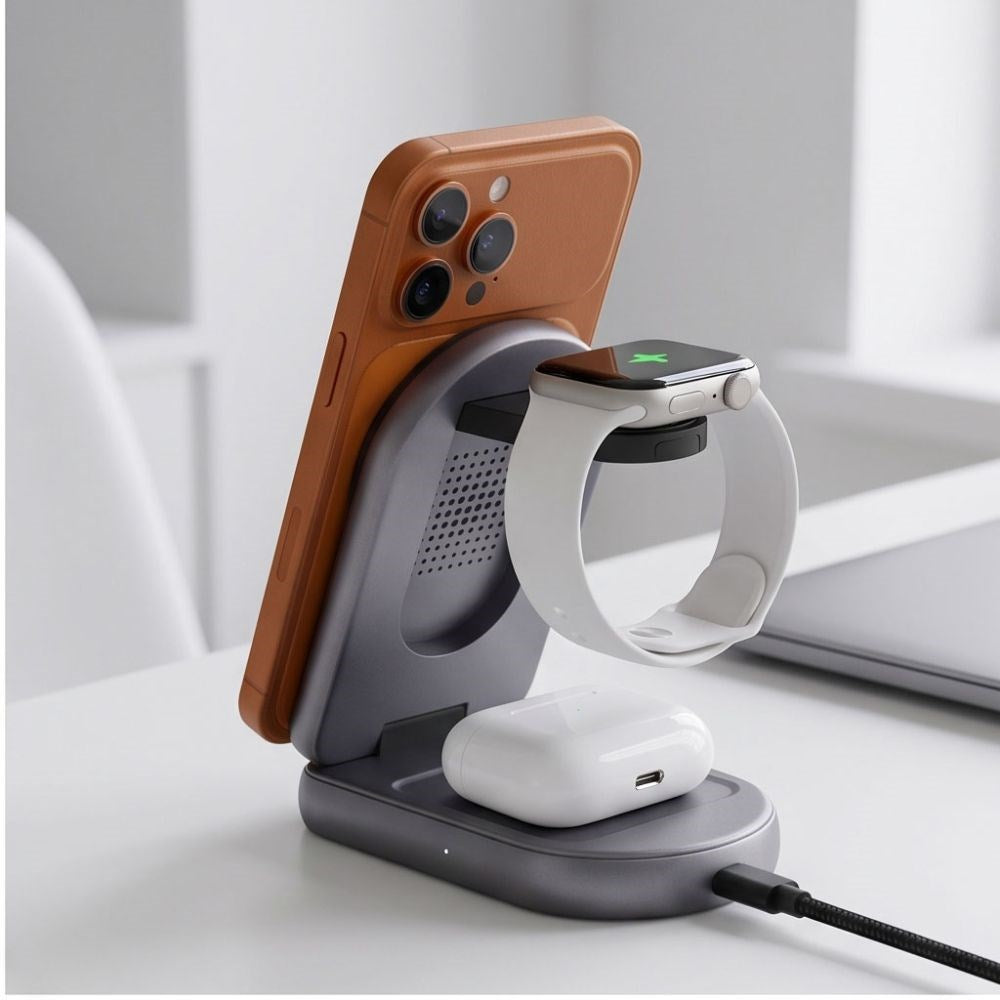 Tech-Protect A53 3-in-1 25W Trådløs Oplader: Smartphone & Smartwatch & Høretelefoner - MagSafe / Qi2 Kompatibel - Mørkegrå