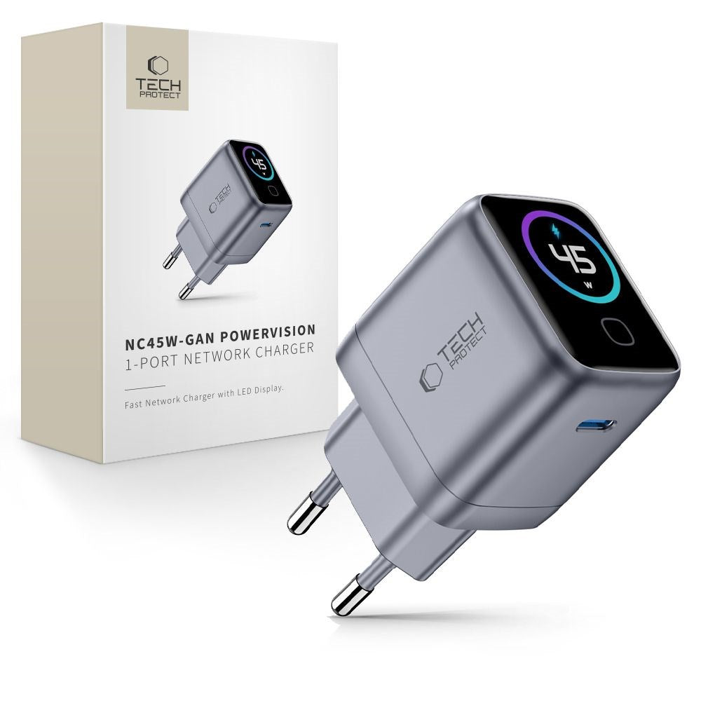 Vægoplader 45W m. USB-C Tech-Protect PowerVision NC45W-GaN - Grå