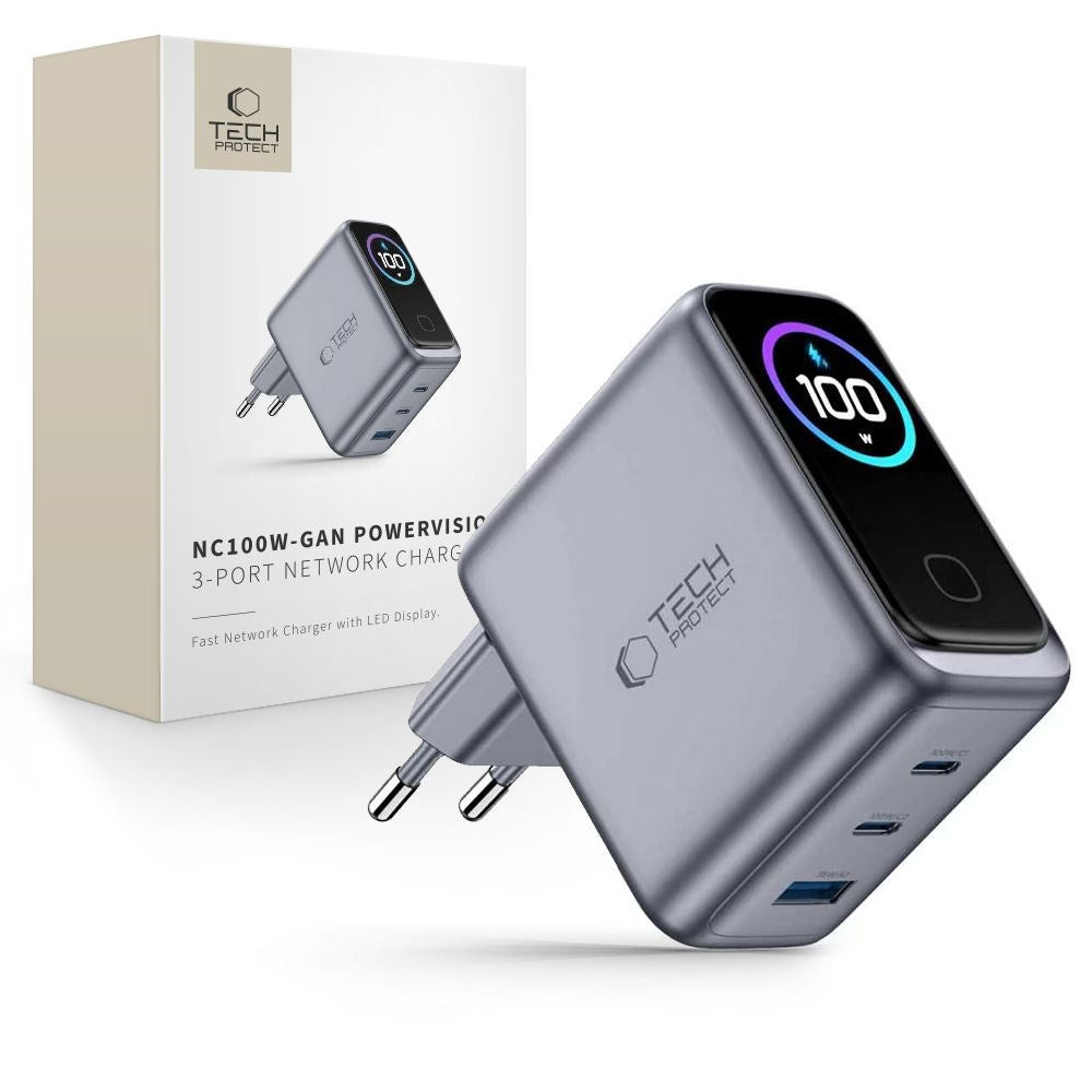 3-i-1 Vægoplader 100W m. 1x USB-A og 2x USB-C Tech-Protect PowerVision NC100W-GaN - Grå