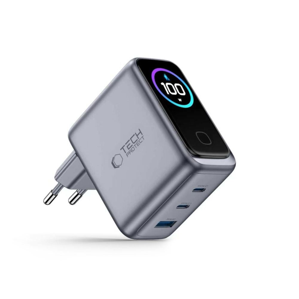 3-i-1 Vægoplader 100W m. 1x USB-A og 2x USB-C Tech-Protect PowerVision NC100W-GaN - Grå