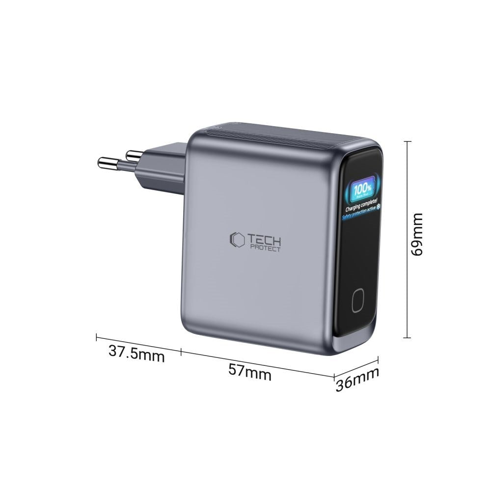 3-i-1 Vægoplader 100W m. 1x USB-A og 2x USB-C Tech-Protect PowerVision NC100W-GaN - Grå