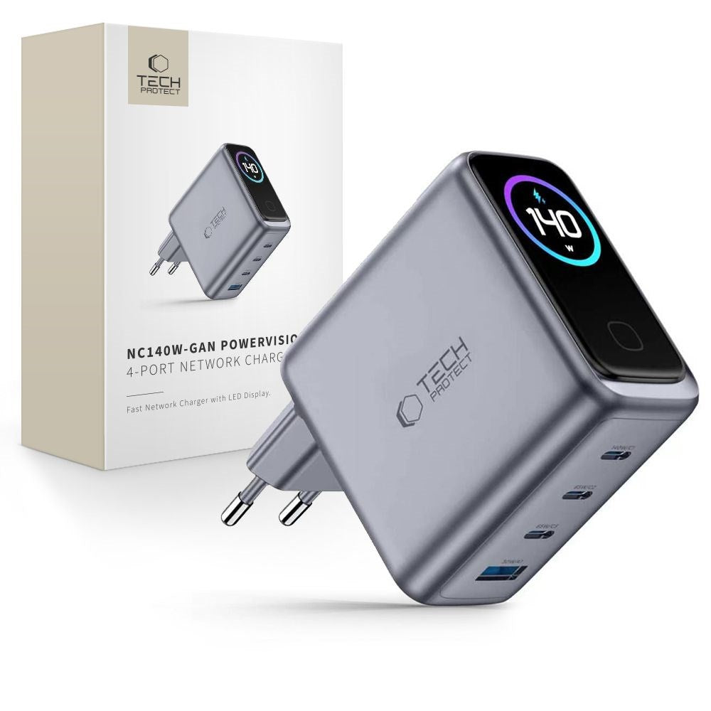4-i-1 Vægoplader 140W m. 1x USB-A og 3x USB-C Tech-Protect PowerVision NC140W-GaN - Grå
