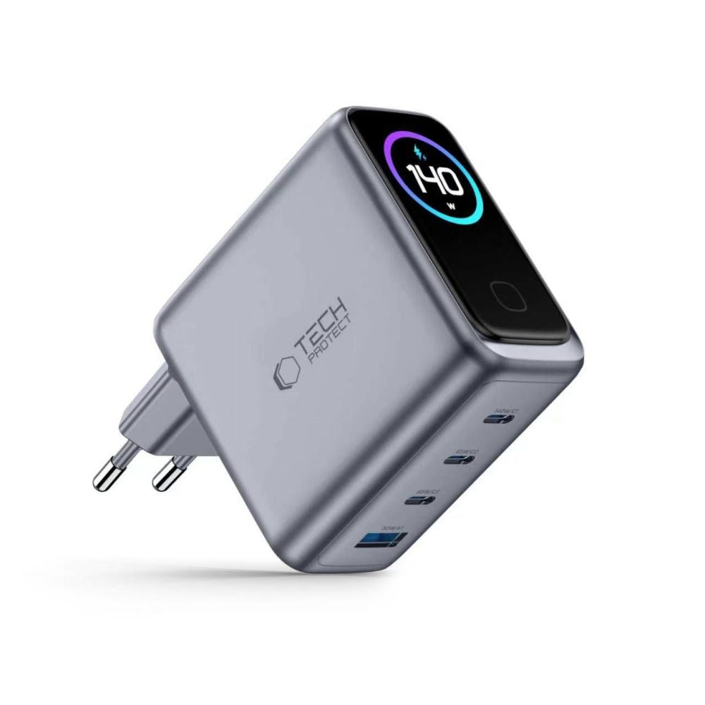 4-i-1 Vægoplader 140W m. 1x USB-A og 3x USB-C Tech-Protect PowerVision NC140W-GaN - Grå