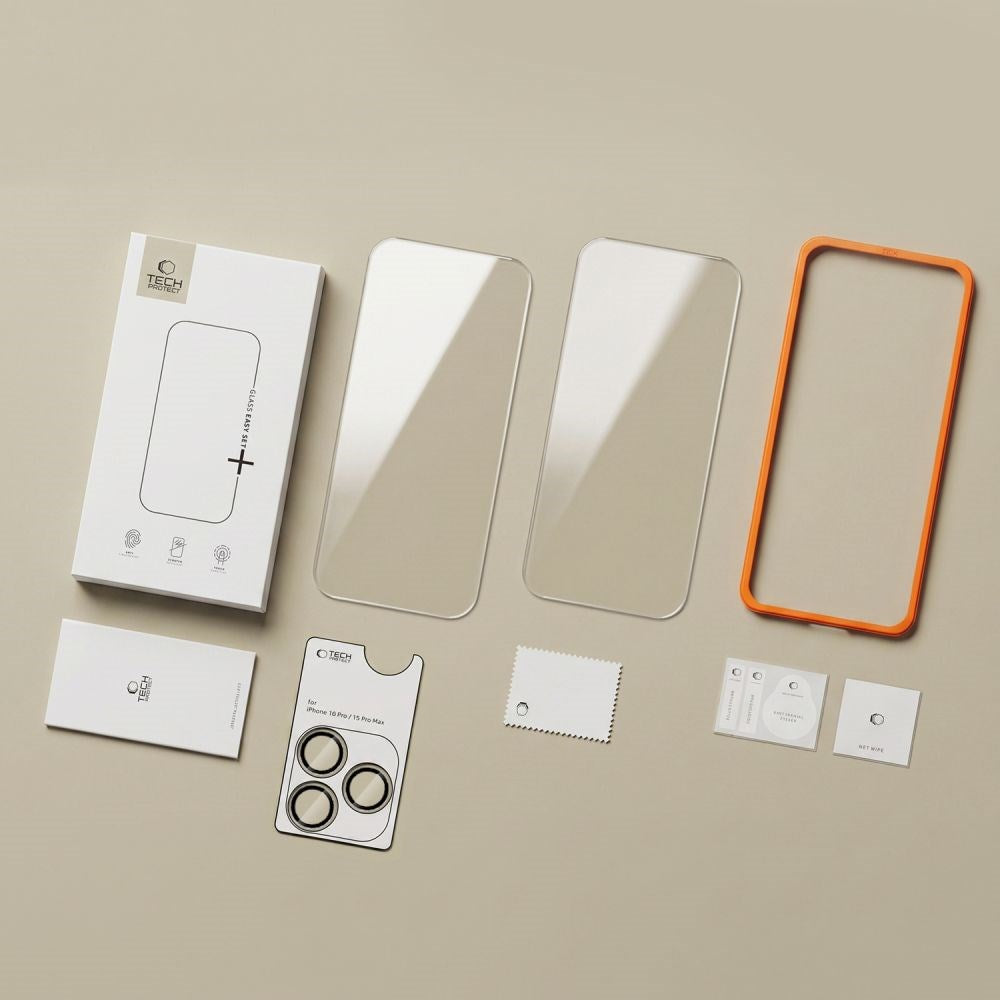 iPhone 18 Pro Tech-Protect Easy Set+ 3-i-1 Beskyttelsessæt m. Hærdet Skærmbeskyttelsesglas & Kameralinsebeskyttelsesglas - Gennemsigtig