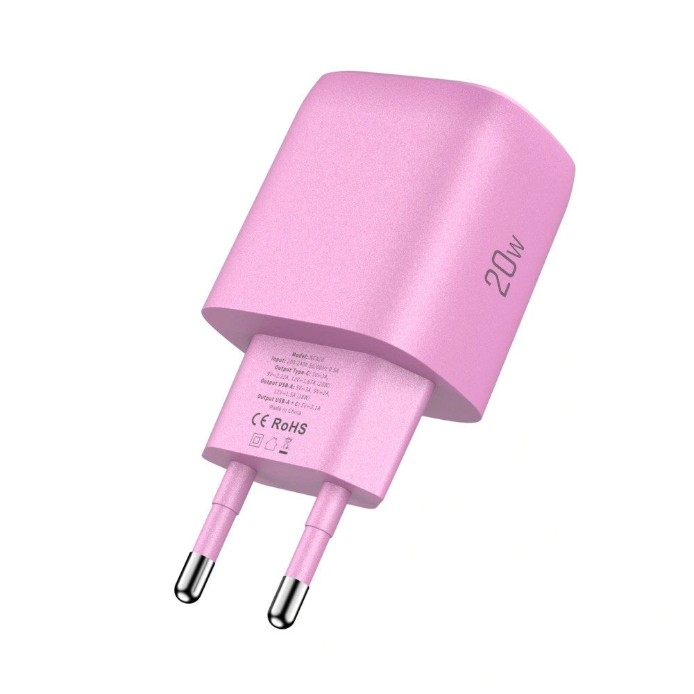 Tech-Protect NCA20 Vægoplader m. 20W - 1 x USB-A & 1 x USB-C - Lyserød