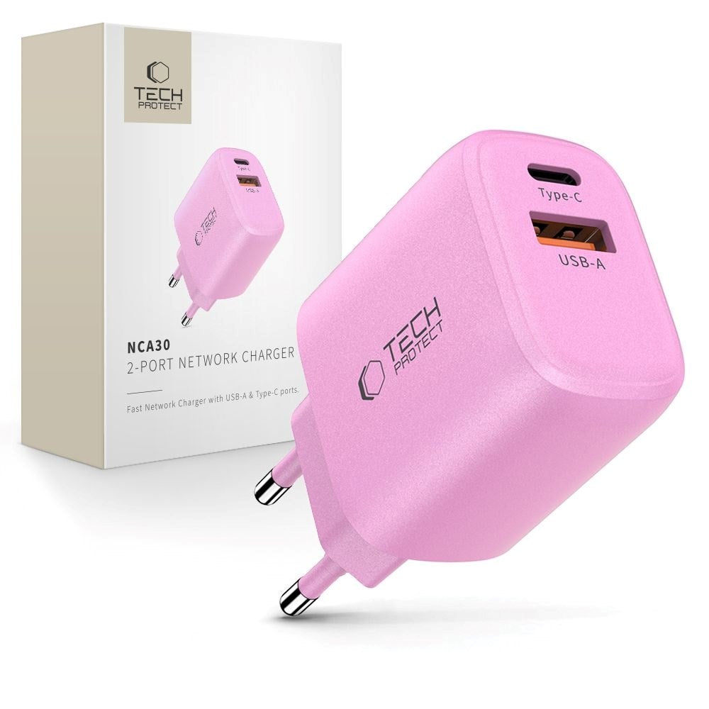 Tech-Protect NCA30 Vægoplader m. 30W - 1 x USB-A & 1 x USB-C - Lyserød