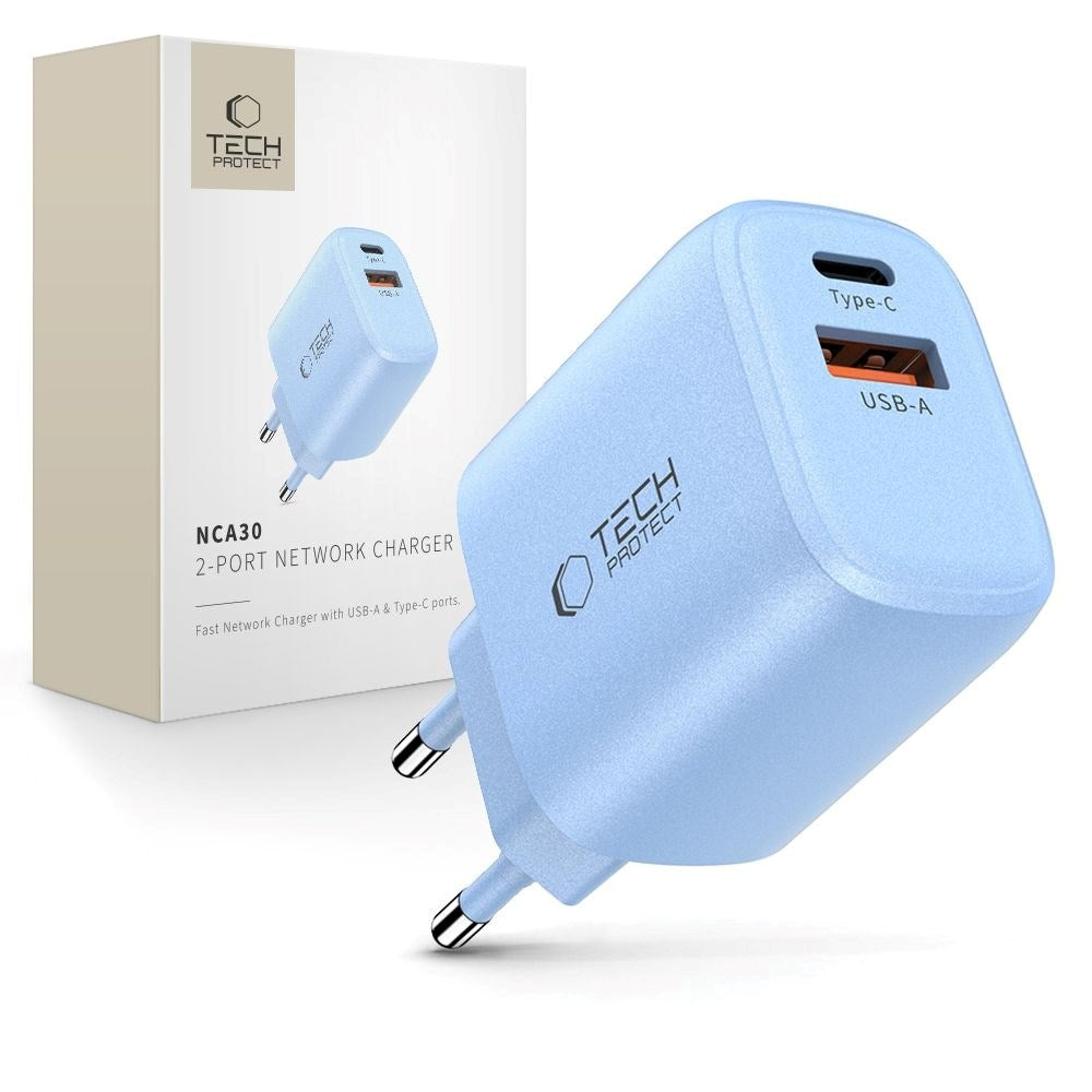 Tech-Protect NCA30 Vægoplader m. 30W - 1 x USB-A & 1 x USB-C - Blå