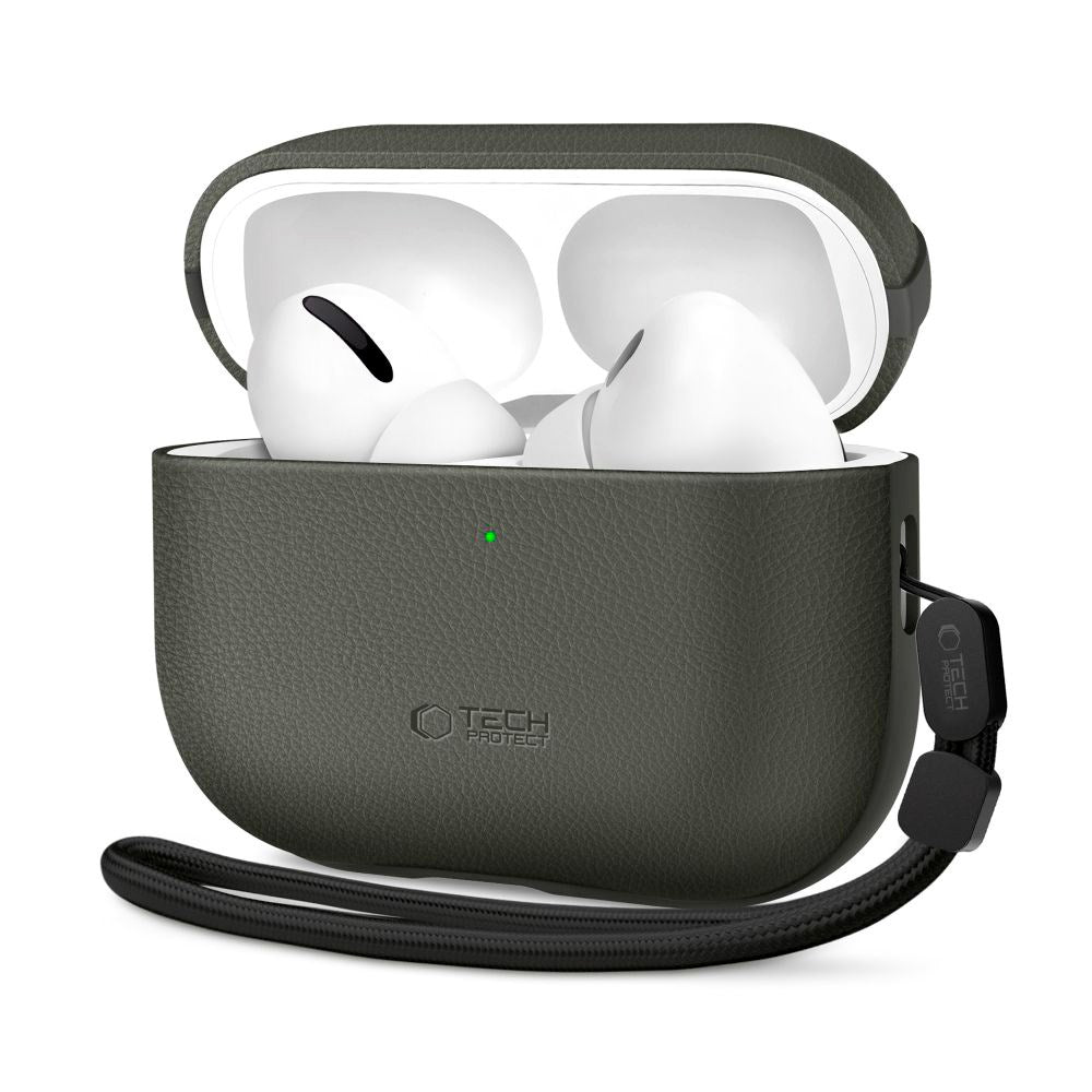 Apple AirPods Pro (3. gen.) Tech-Protect NaturalFit Kunstlæder Cover m. Rem - Grøn