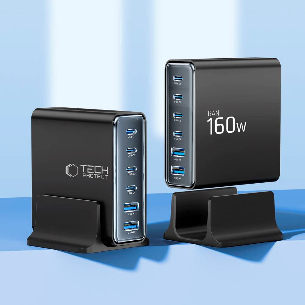 Tech-Protect 160W GaN Bordoplader m. 2 x USB-A & 4 x USB-C - Sort