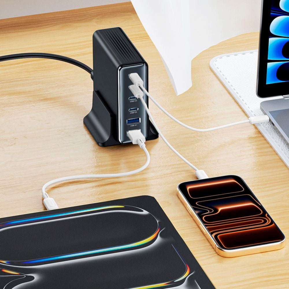 Tech-Protect 160W GaN Bordoplader m. 2 x USB-A & 4 x USB-C - Sort