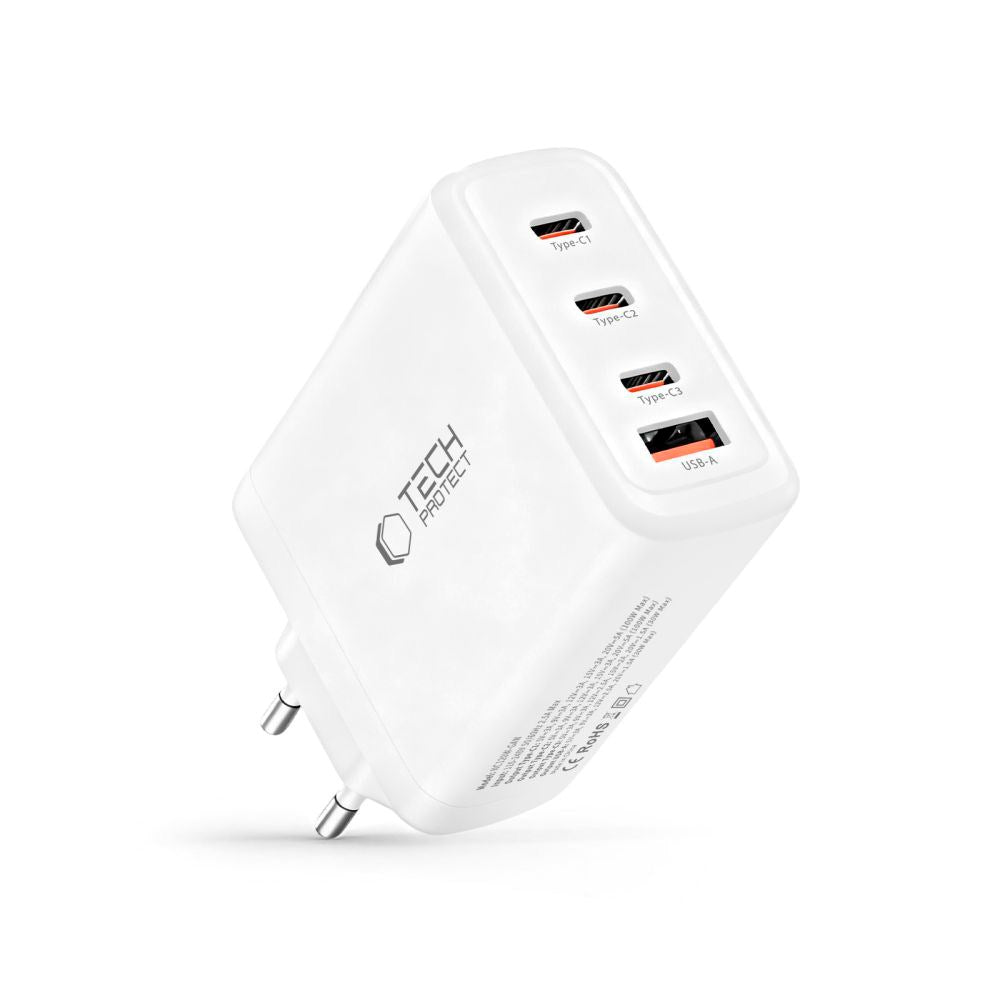 Tech-Protect 120W GaN Vægoplader m. 1 x USB-A & 3 x USB-C - Hvid
