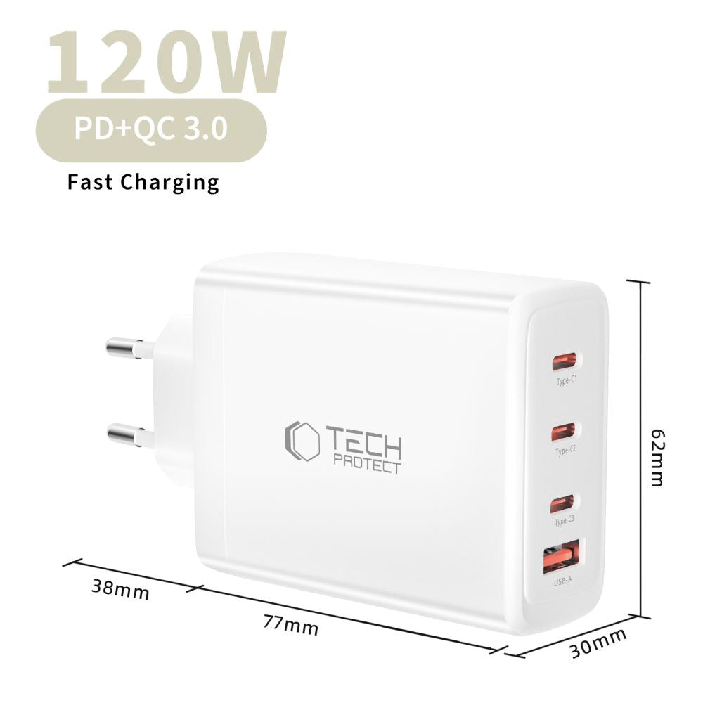 Tech-Protect 120W GaN Vægoplader m. 1 x USB-A & 3 x USB-C - Hvid