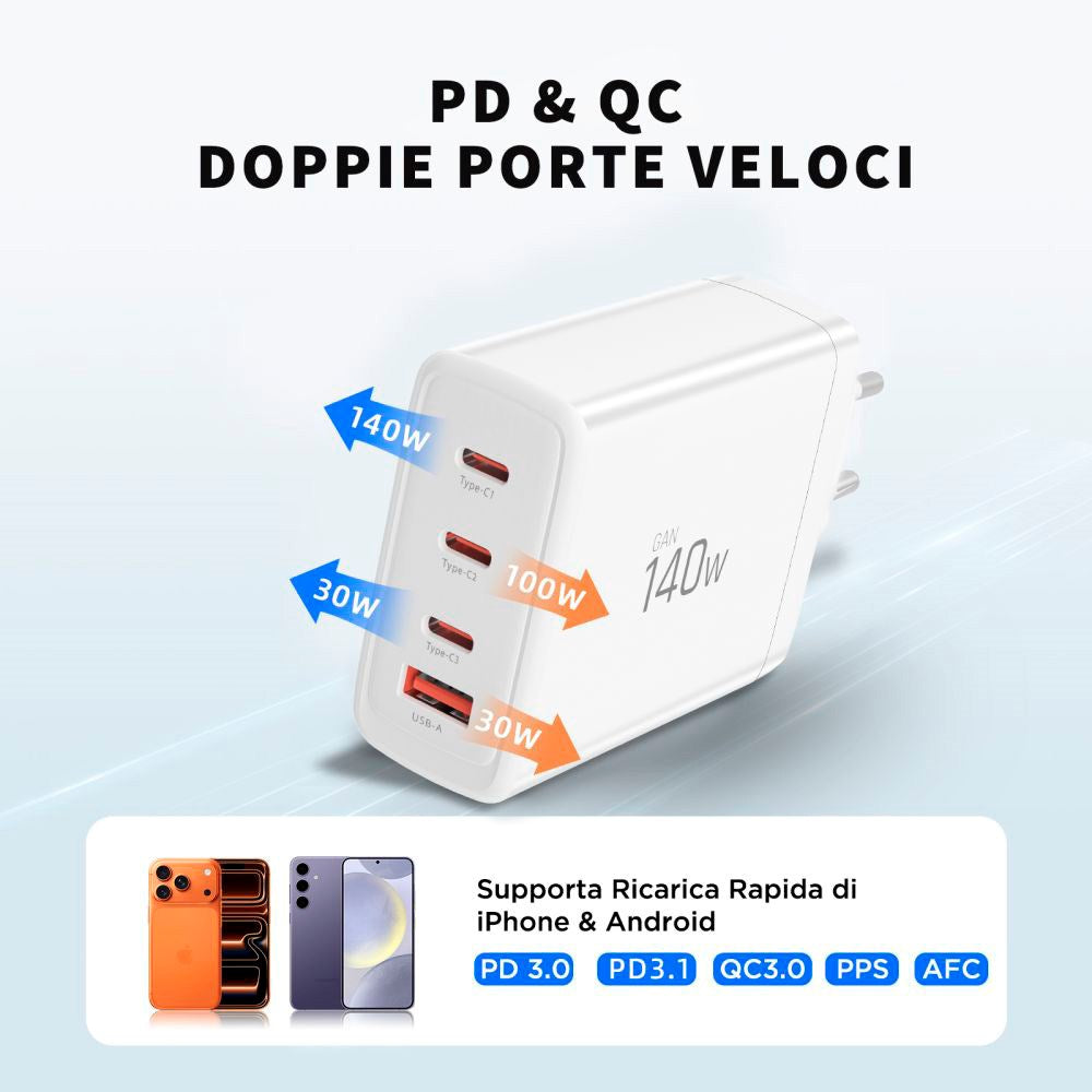 Tech-Protect 140W GaN Vægoplader m. 1 x USB-A & 3 x USB-C - Hvid