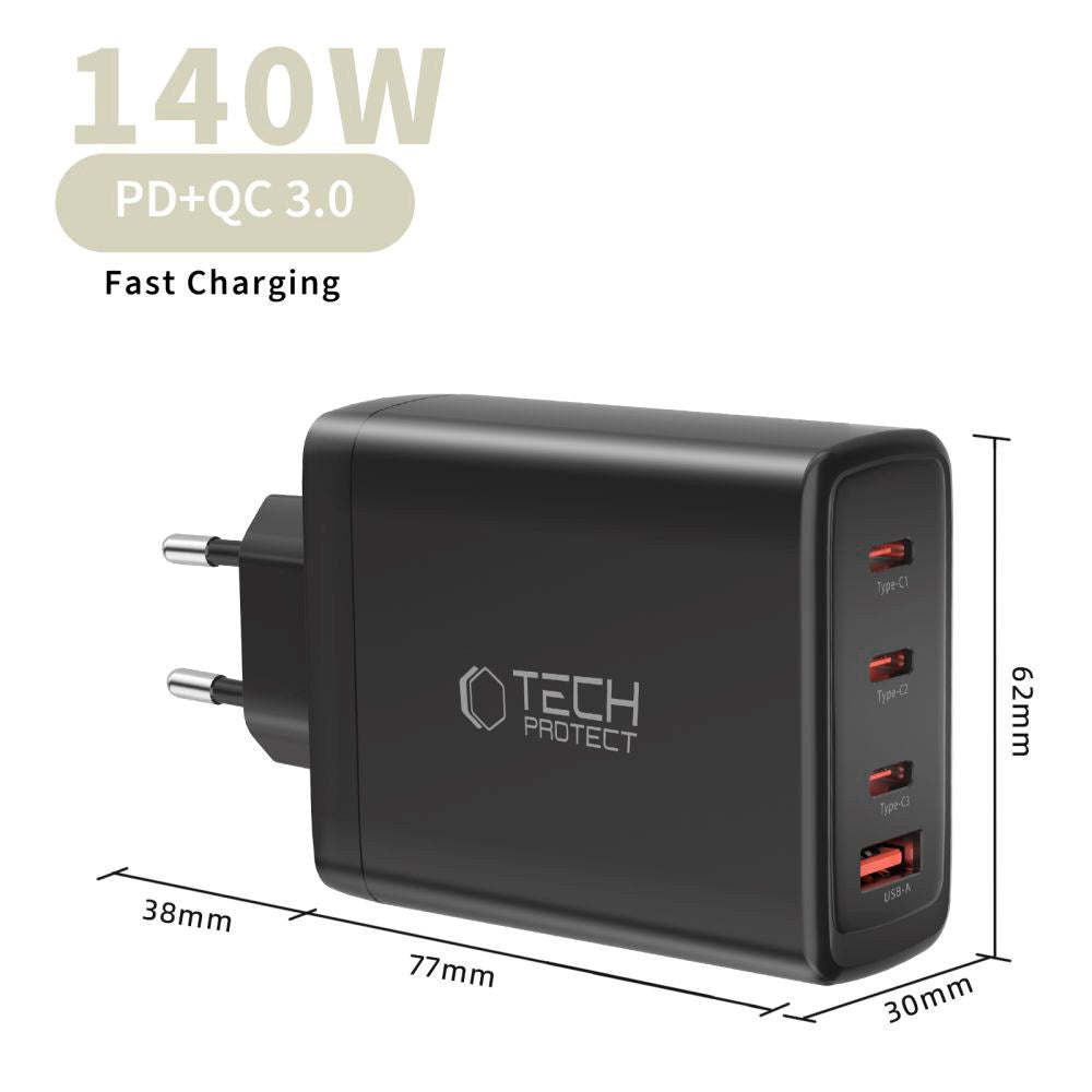 Tech-Protect 140W GaN Vægoplader m. 1 x USB-A & 3 x USB-C - Sort