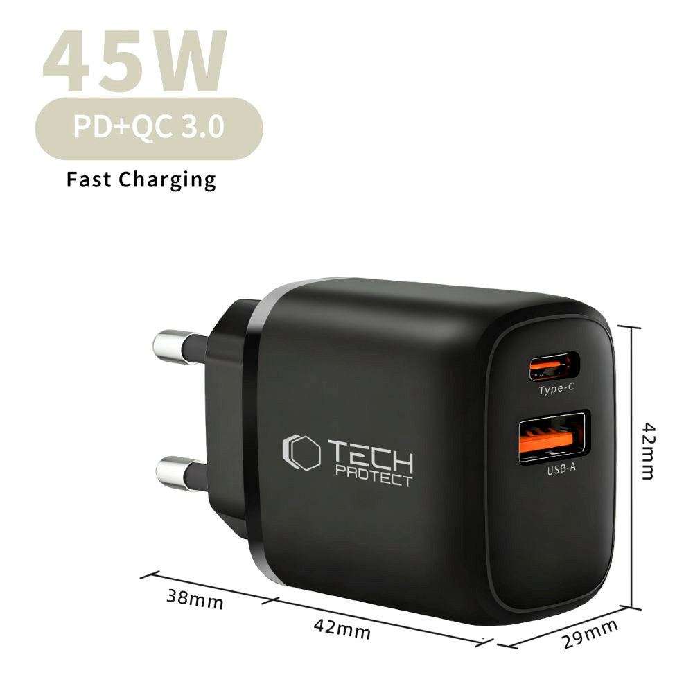 Tech-Protect 45W GaN Vægoplader m. 1 x USB-A / 1 x USB-C / 1 x USB-C til USB-C Kabel - Sort