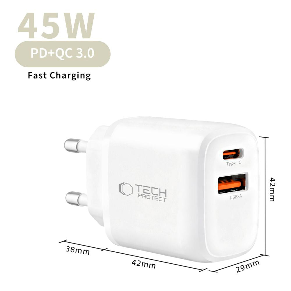 Tech-Protect 45W Vægoplader m. Lightning Kabel - 1 x USB-C & 1 x USB-A - Hvid