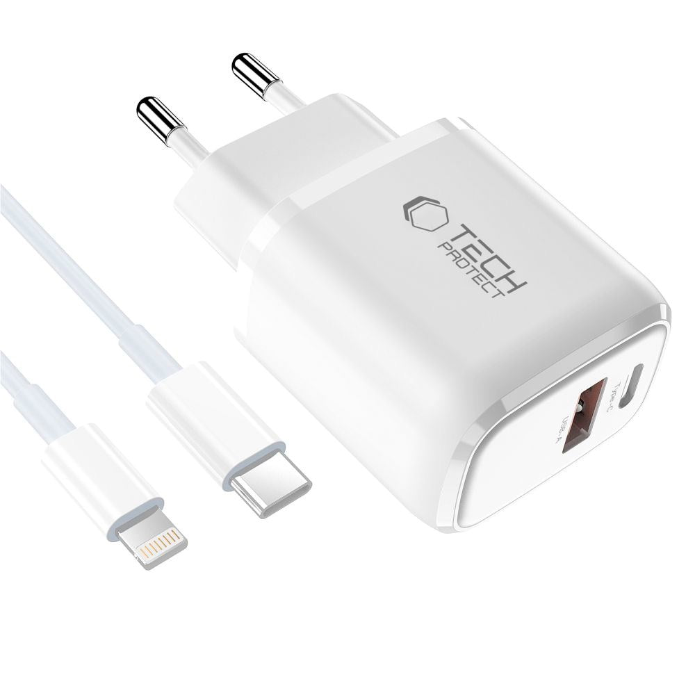 Tech-Protect 45W Vægoplader m. Lightning Kabel - 1 x USB-C & 1 x USB-A - Hvid