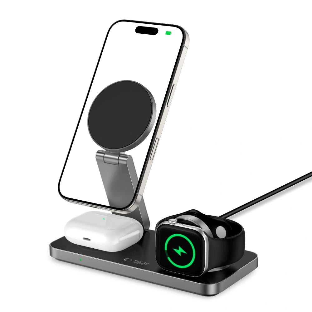 Tech-Protect 3-i-1 Magnetisk Trådløs Oplader - MagSafe Kompatibel - 15W - Sort