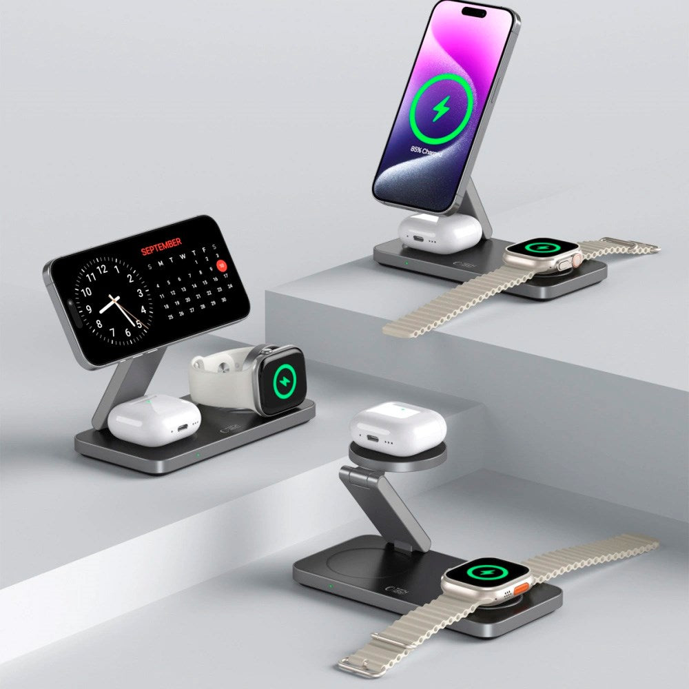 Tech-Protect 3-i-1 Magnetisk Trådløs Oplader - MagSafe Kompatibel - 15W - Sort