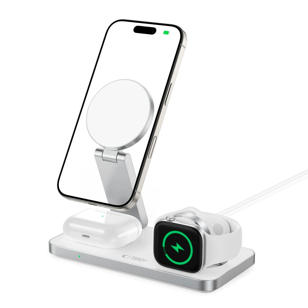 Tech-Protect 3-i-1 Magnetisk Trådløs Oplader - MagSafe Kompatibel - 15W - Hvid